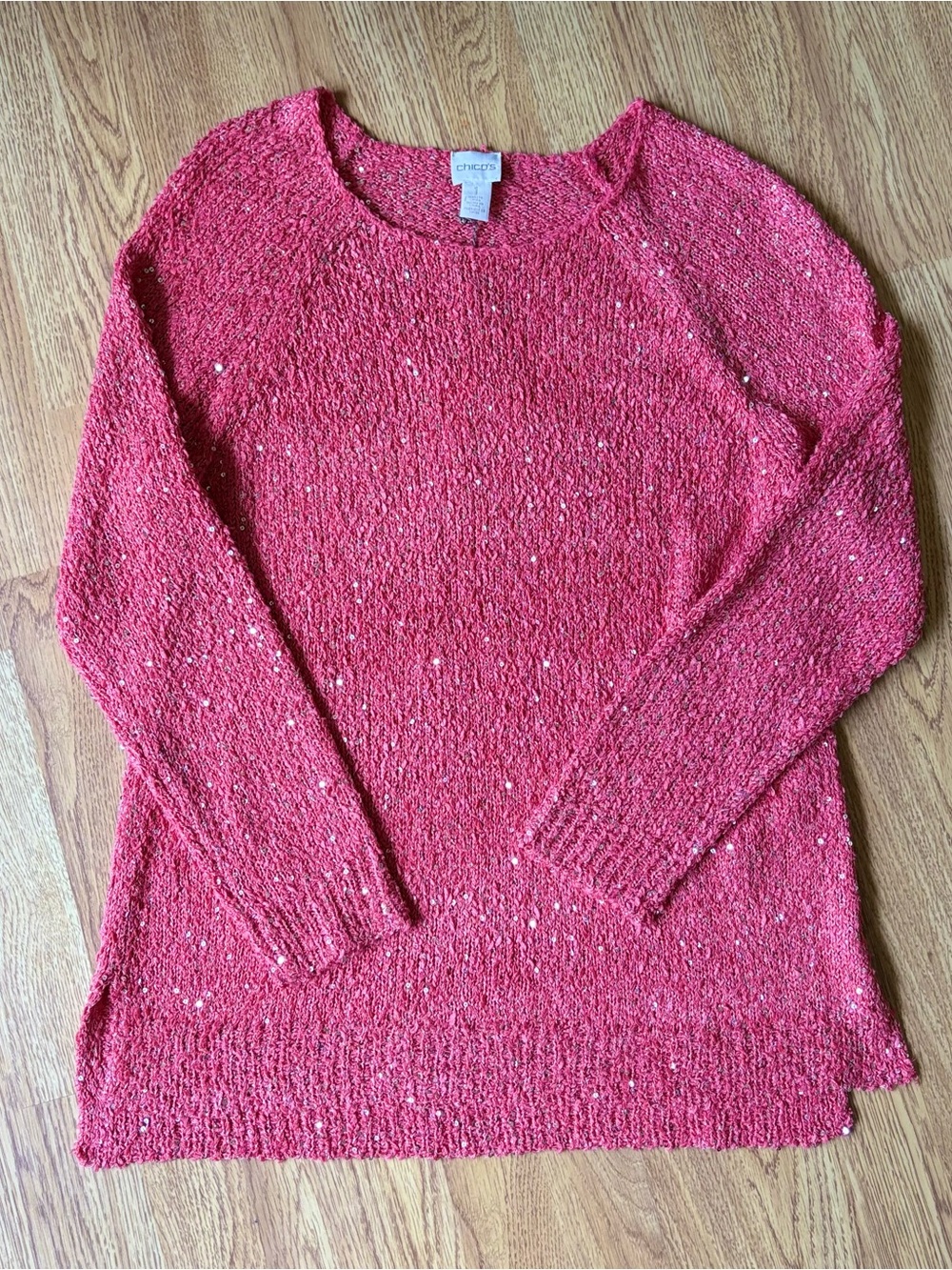 Chicos Coral Texture Crewneck Sweater Tunic Sparkle Claire Pullover Sz 1 M NEW